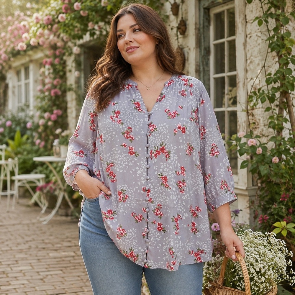 Torrid Harper Challis Blouse 3X 22/24 Floral Button Up Roll Tab Top Gray Red